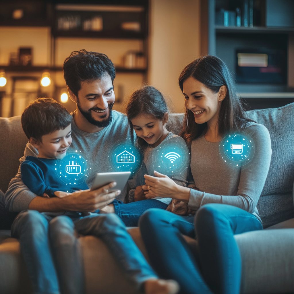 A family interacting with smart home devices.