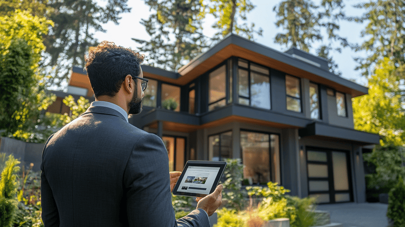 A professional real estate agent showcasing a smart home.